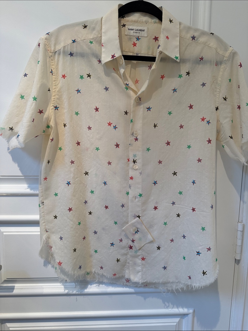Saint Laurent Cream Short-Sleeve Button-Down Shirt with Multicolor Stars